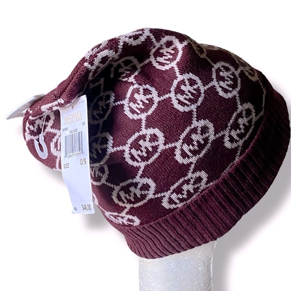 Michael Kors Rib Knit Beanie All-Over MK Print Burgundy White One Size NWT - Picture 2 of 11